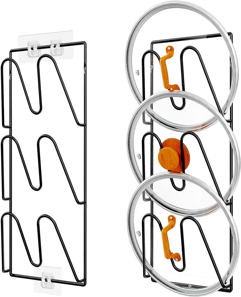 Durmmur 2 Pack Pot Lid Organizer Rack, 6-Tier Pot Lids Holder for Cabinet Door/Wall, No Drilling Adhesive Wall/Door Mounted Rustproof Pot and Pan Cover for Kitchen Storage, Classic Black - Image 1